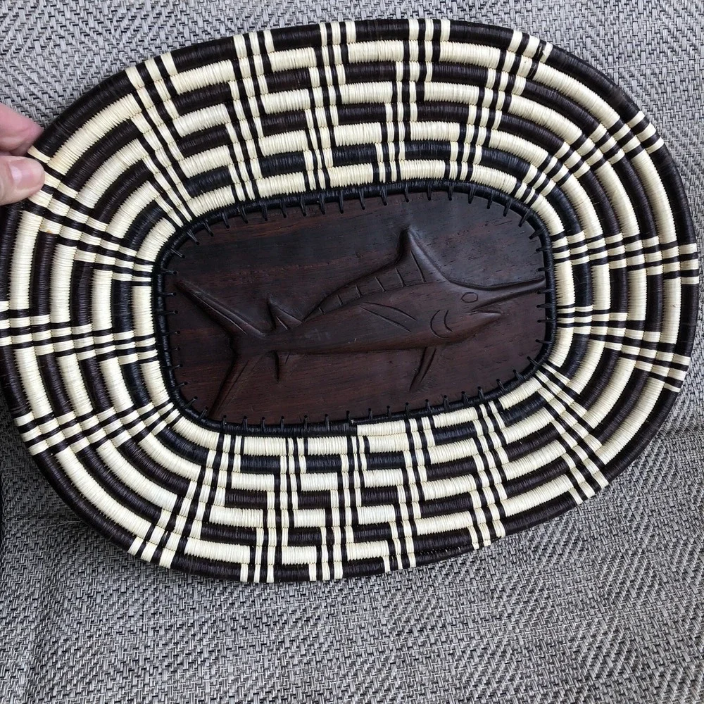 Handmade Woven Coil Tribal Oval‎ Wood Embossed Swordfish Tray Wall Basket